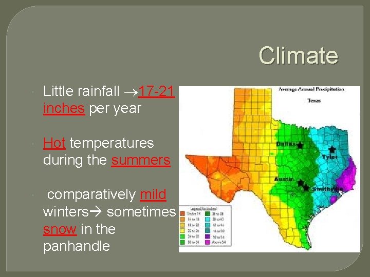 Climate Little rainfall 17 -21 inches per year Hot temperatures during the summers comparatively