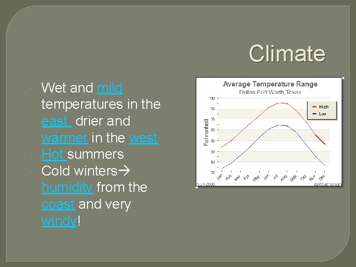 Climate Wet and mild temperatures in the east, drier and warmer in the west