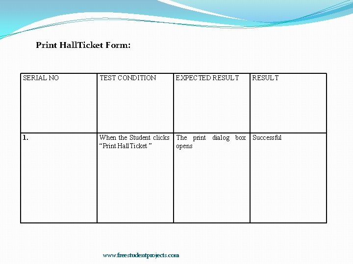 Print Hall. Ticket Form: SERIAL NO TEST CONDITION EXPECTED RESULT 1. When the Student