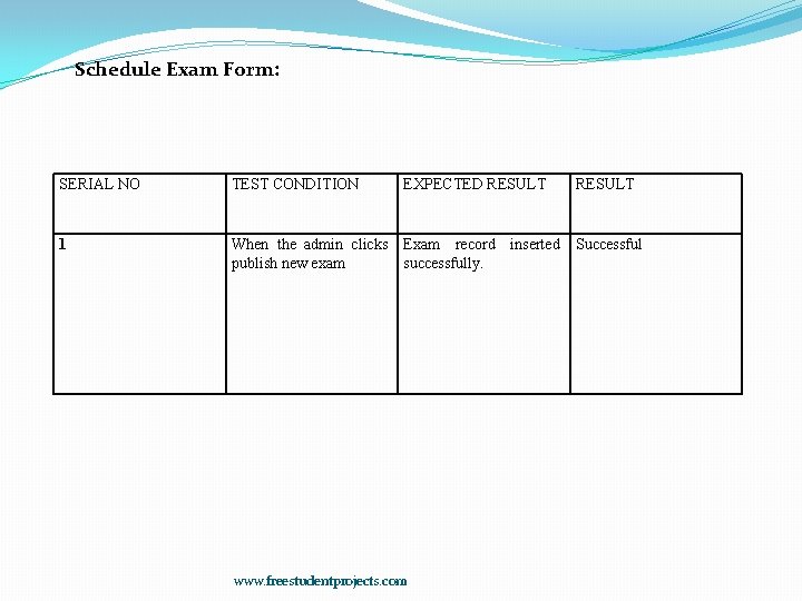 Schedule Exam Form: SERIAL NO TEST CONDITION EXPECTED RESULT 1 When the admin clicks