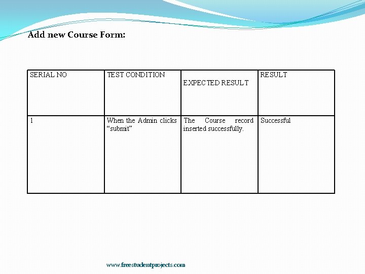 Add new Course Form: SERIAL NO TEST CONDITION RESULT EXPECTED RESULT 1 When the