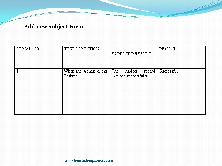 Add new Subject Form: SERIAL NO TEST CONDITION RESULT EXPECTED RESULT 1 When the
