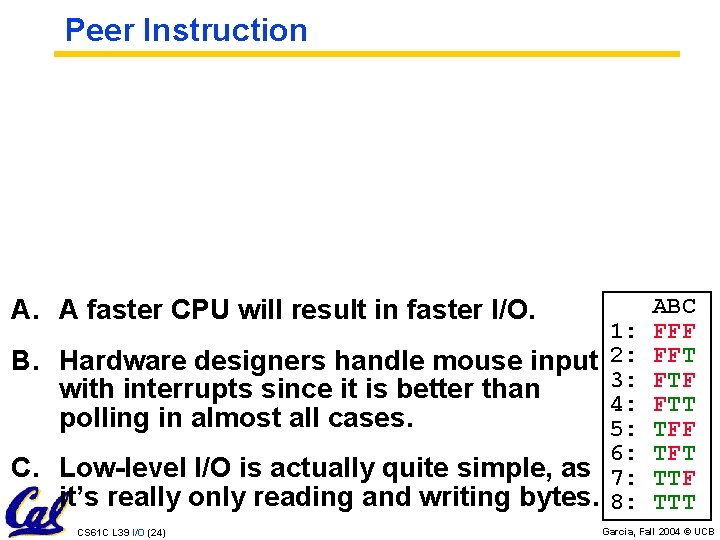 Peer Instruction A. A faster CPU will result in faster I/O. 1: B. Hardware