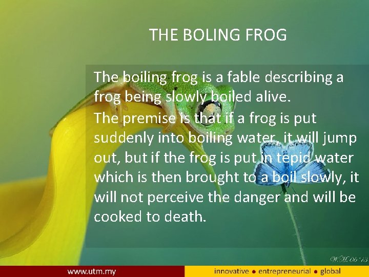 THE BOLING FROG The boiling frog is a fable describing a frog being slowly