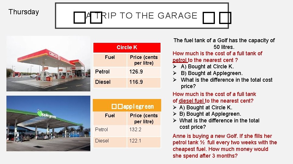 Thursday �� A TRIP TO THE GARAGE Circle K Fuel Price (cents per litre)