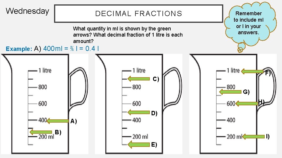 Wednesday DECIMAL FRACTIONS What quantity in ml is shown by the green arrows? What