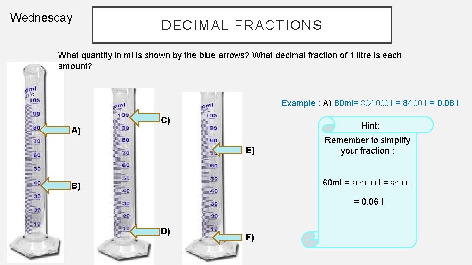 Wednesday DECIMAL FRACTIONS What quantity in ml is shown by the blue arrows? What