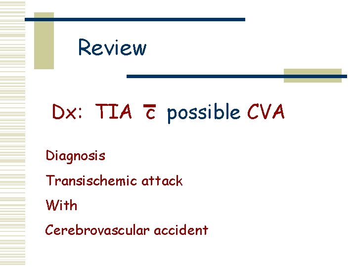 Review Dx: TIA c possible CVA Diagnosis Transischemic attack With Cerebrovascular accident 