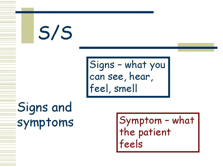 S/S Signs – what you can see, hear, feel, smell Signs and symptoms Symptom