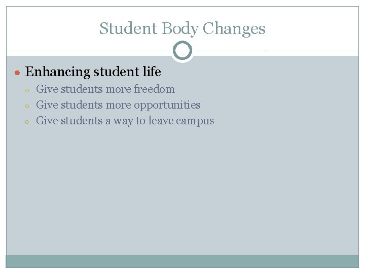 Student Body Changes ● Enhancing student life ○ ○ ○ Give students more freedom