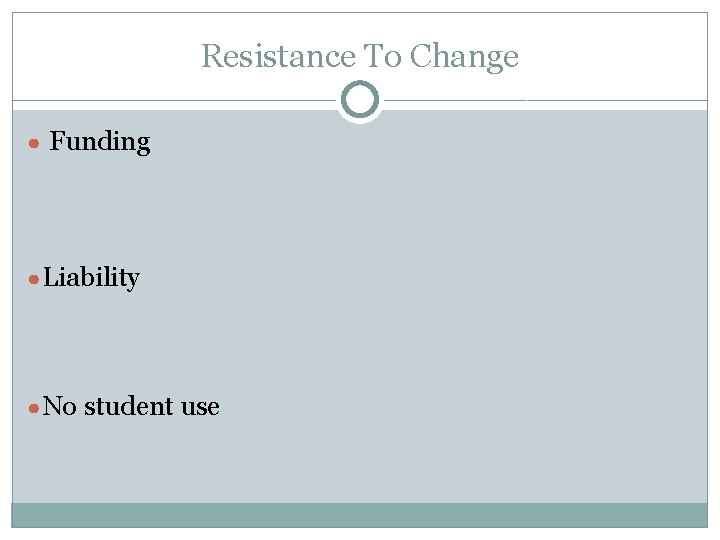 Resistance To Change ● Funding ●Liability ●No student use 