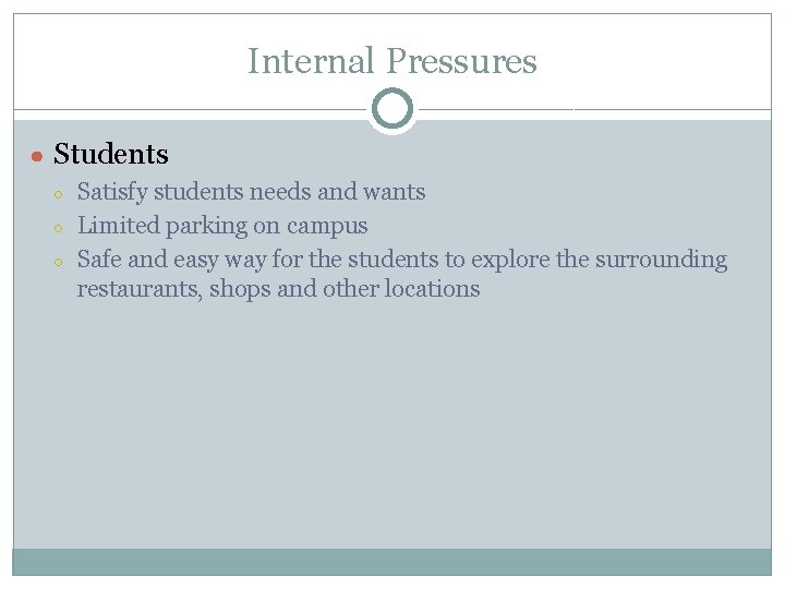 Internal Pressures ● Students ○ ○ ○ Satisfy students needs and wants Limited parking