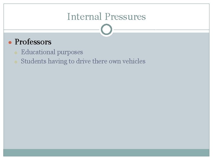 Internal Pressures ● Professors ○ ○ Educational purposes Students having to drive there own