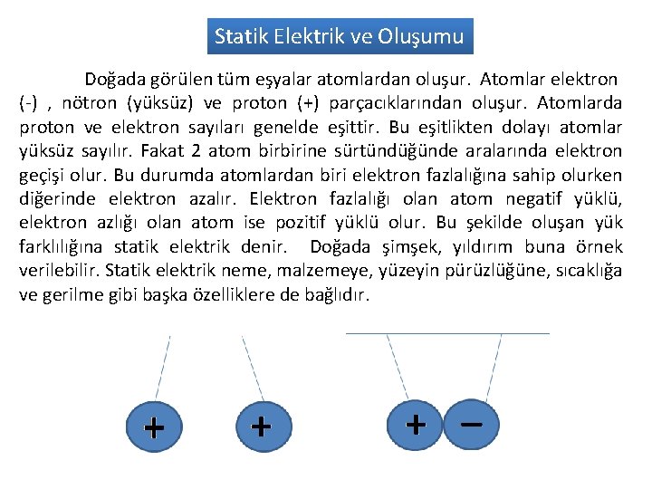 Statik Elektrik ve Oluşumu Doğada görülen tüm eşyalar atomlardan oluşur. Atomlar elektron (-) ,