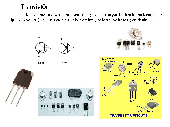 Transistör Kuvvetlendirme ve anahtarlama amaçlı kullanılan yarı iletken bir malzemedir. 2 Tipi (NPN ve