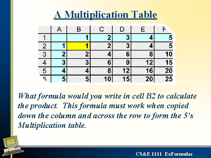A Multiplication Table What formula would you write in cell B 2 to calculate