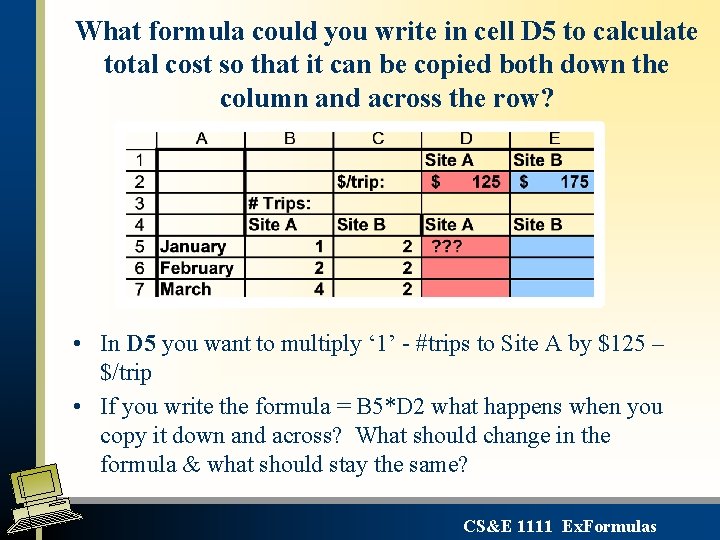 What formula could you write in cell D 5 to calculate total cost so