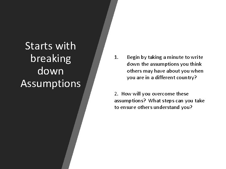 Starts with breaking down Assumptions 1. Begin by taking a minute to write down