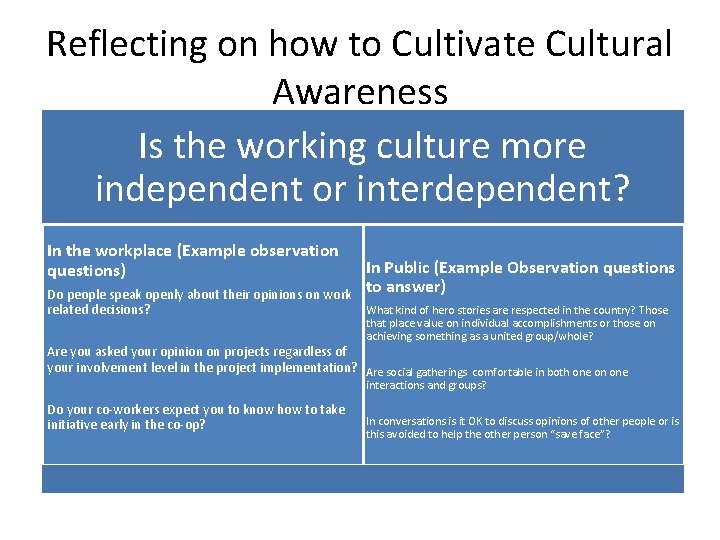 Reflecting on how to Cultivate Cultural Awareness Is the working culture more independent or
