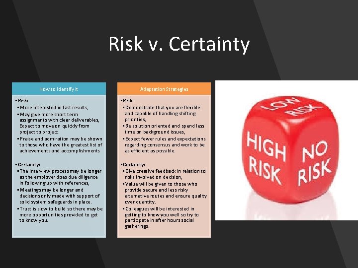 Risk v. Certainty How to Identify it Adaptation Strategies • Risk: • More interested