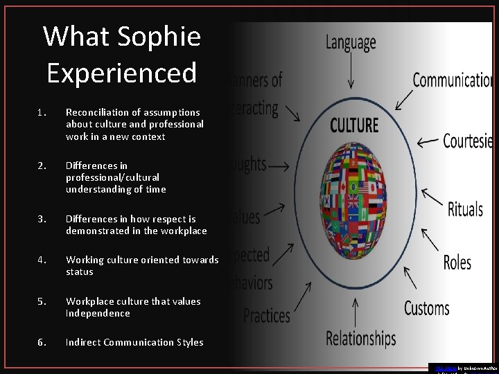 What Sophie Experienced 1. Reconciliation of assumptions about culture and professional work in a