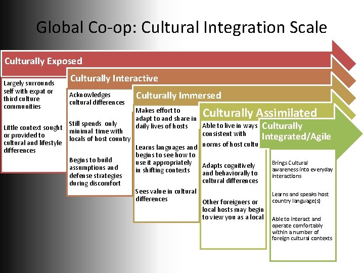 Global Co-op: Cultural Integration Scale Culturally Exposed Largely surrounds self with expat or third