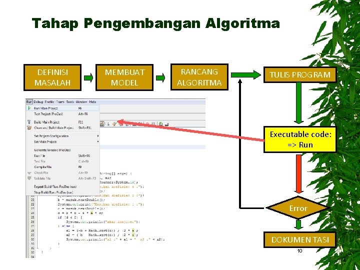 Tahap Pengembangan Algoritma DEFINISI MASALAH MEMBUAT MODEL RANCANG ALGORITMA TULIS PROGRAM Executable code: =>