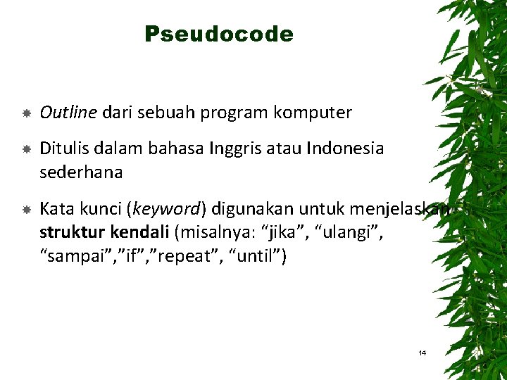 Pseudocode Outline dari sebuah program komputer Ditulis dalam bahasa Inggris atau Indonesia sederhana Kata