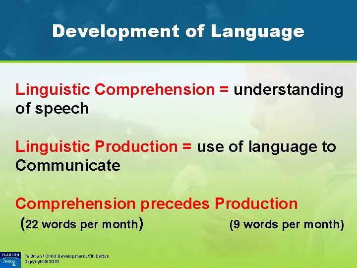 Development of Language Linguistic Comprehension = understanding of speech Linguistic Production = use of