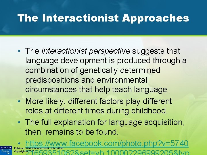 The Interactionist Approaches • The interactionist perspective suggests that language development is produced through