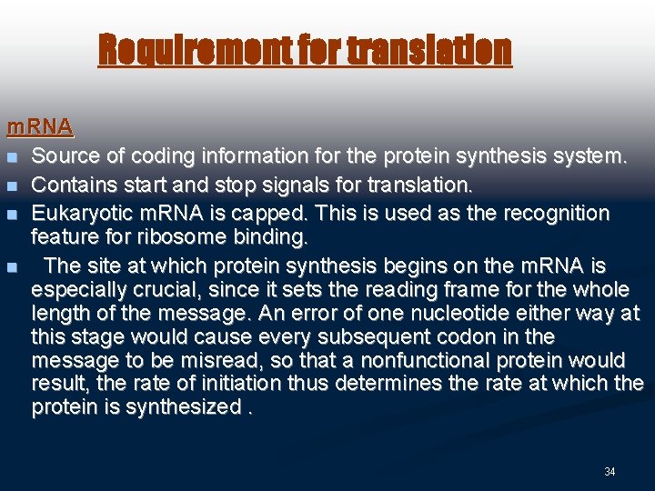 Requirement for translation m. RNA n Source of coding information for the protein synthesis