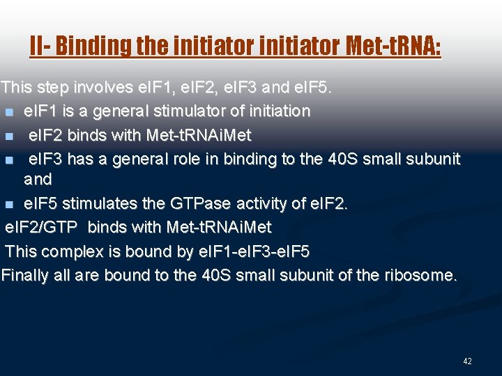 II- Binding the initiator Met-t. RNA: This step involves e. IF 1, e. IF