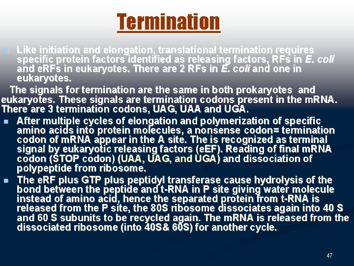 Termination Like initiation and elongation, translational termination requires specific protein factors identified as releasing