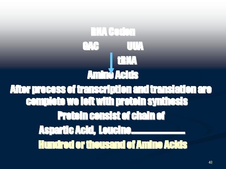 RNA Codon GAC UUA t. RNA Amino Acids After process of transcription and translation