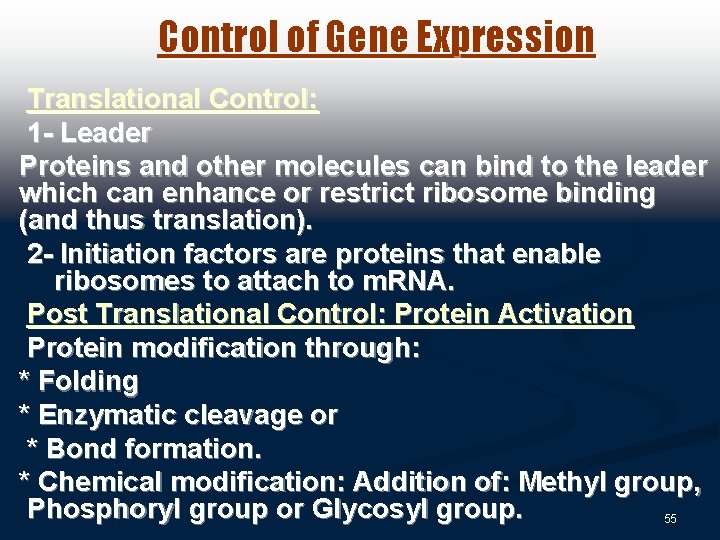 Control of Gene Expression Translational Control: 1 - Leader Proteins and other molecules can