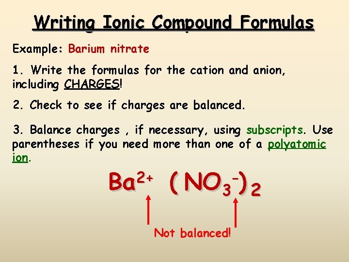 Writing Ionic Compound Formulas Example: Barium nitrate 1. Write the formulas for the cation