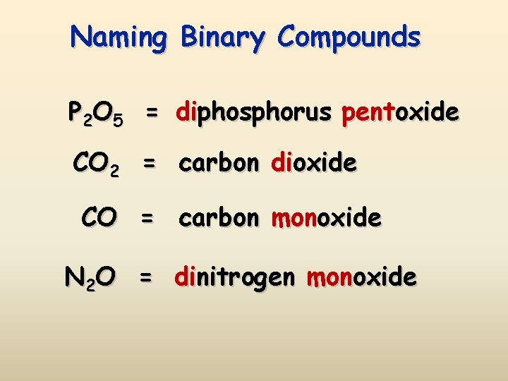Naming Binary Compounds P 2 O 5 = diphosphorus pentoxide CO 2 = carbon