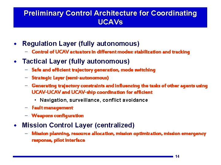 Preliminary Control Architecture for Coordinating UCAVs · Regulation Layer (fully autonomous) – Control of
