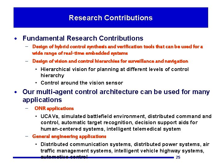 Research Contributions · Fundamental Research Contributions – Design of hybrid control synthesis and verification
