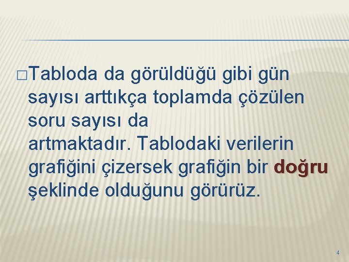 �Tabloda da görüldüğü gibi gün sayısı arttıkça toplamda çözülen soru sayısı da artmaktadır. Tablodaki