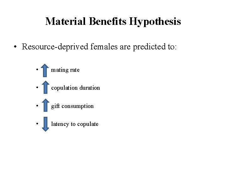 Material Benefits Hypothesis • Resource-deprived females are predicted to: • mating rate • copulation