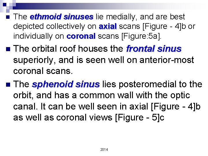 n The ethmoid sinuses lie medially, and are best depicted collectively on axial scans