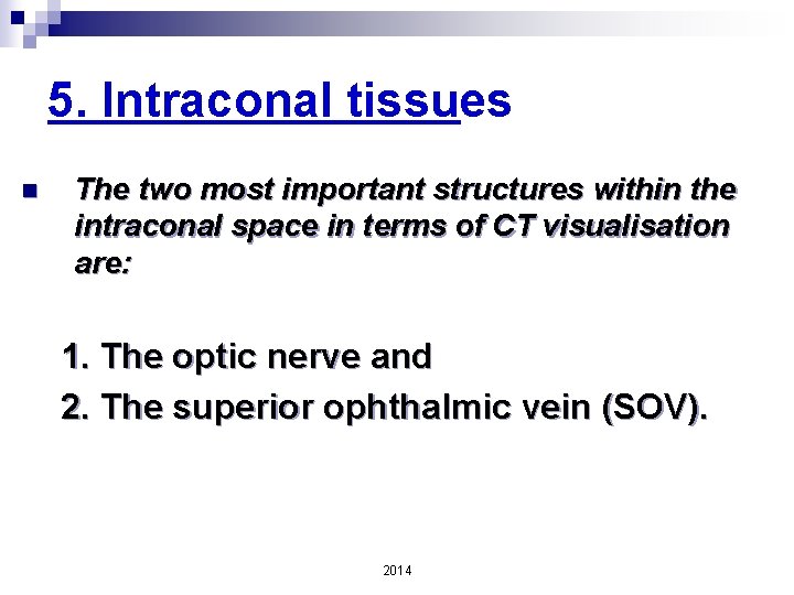 5. Intraconal tissues n The two most important structures within the intraconal space in