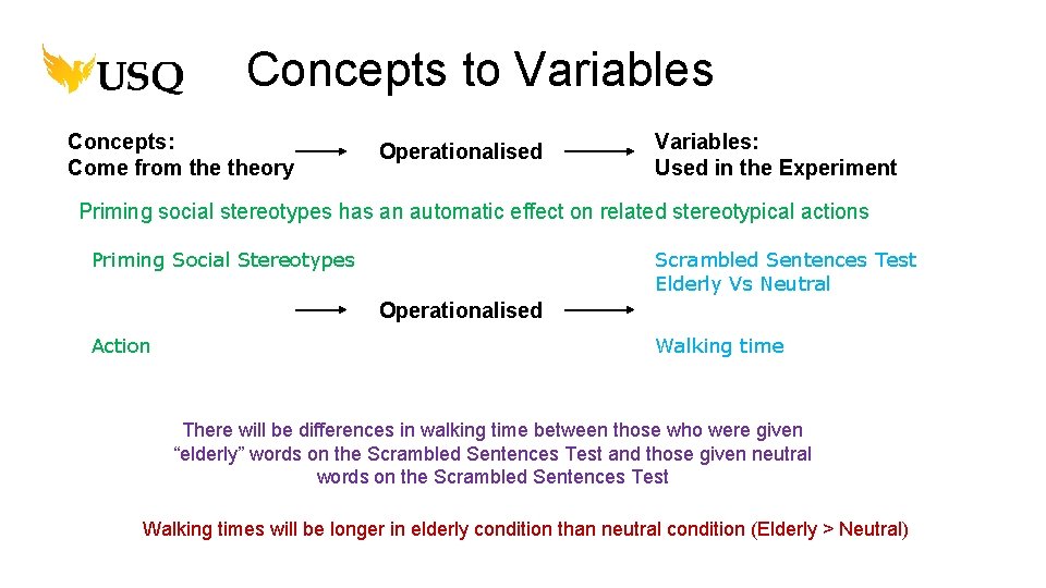 Concepts to Variables Concepts: Come from theory Operationalised Variables: Used in the Experiment Priming