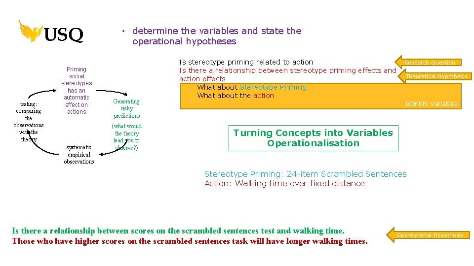  • determine the variables and state the operational hypotheses testing: comparing the observations