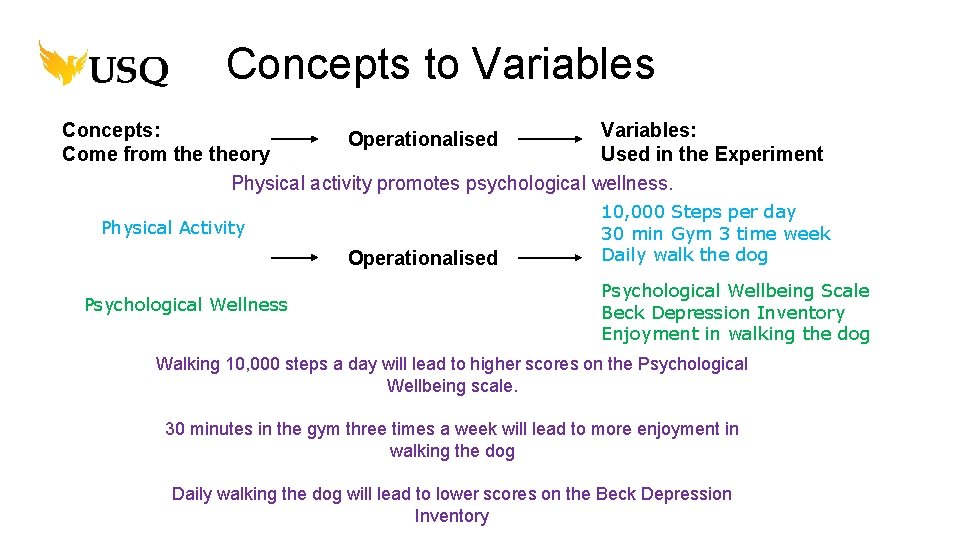 Concepts to Variables Concepts: Variables: Operationalised Come from theory Used in the Experiment Physical