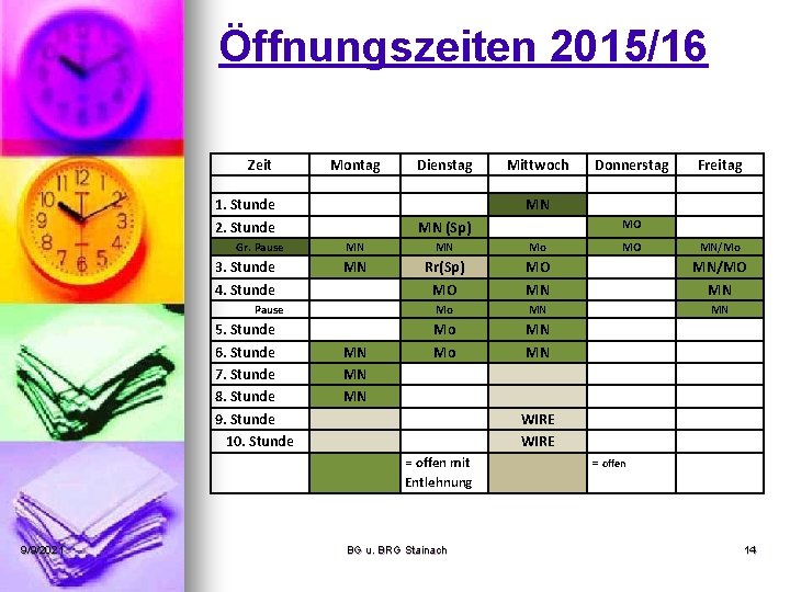 Öffnungszeiten 2015/16 Zeit Montag 1. Stunde 2. Stunde Gr. Pause 3. Stunde 4. Stunde