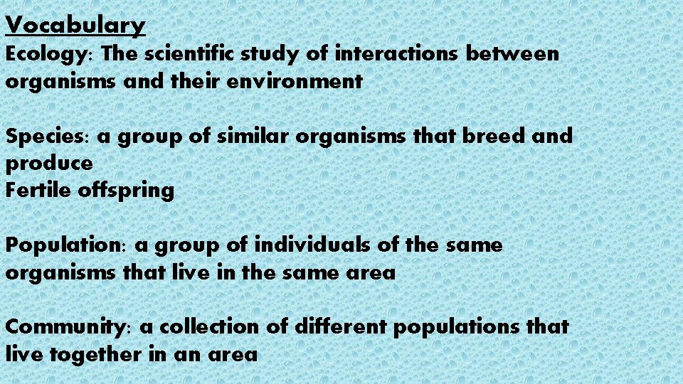 Vocabulary Ecology: The scientific study of interactions between organisms and their environment Species: a