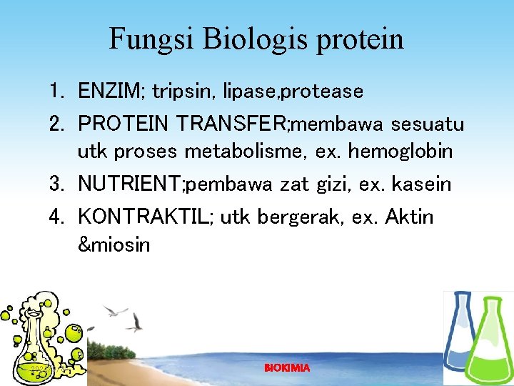 Fungsi Biologis protein 1. ENZIM; tripsin, lipase, protease 2. PROTEIN TRANSFER; membawa sesuatu utk