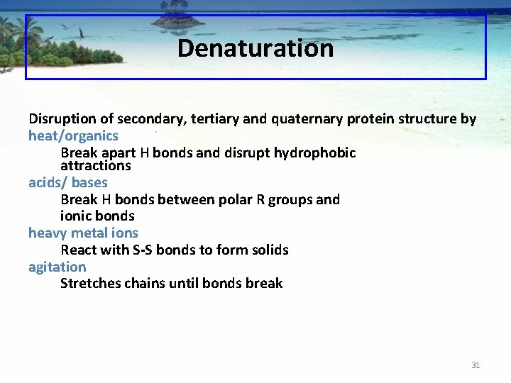 Denaturation Disruption of secondary, tertiary and quaternary protein structure by heat/organics Break apart H